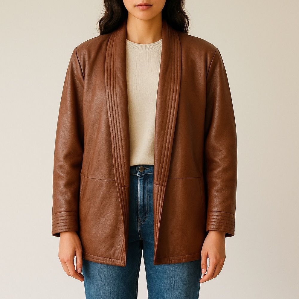 Lord & Taylor Brown Lamb Leather Open Front Coat Jacket Quilted Trim Size 4P VTG
